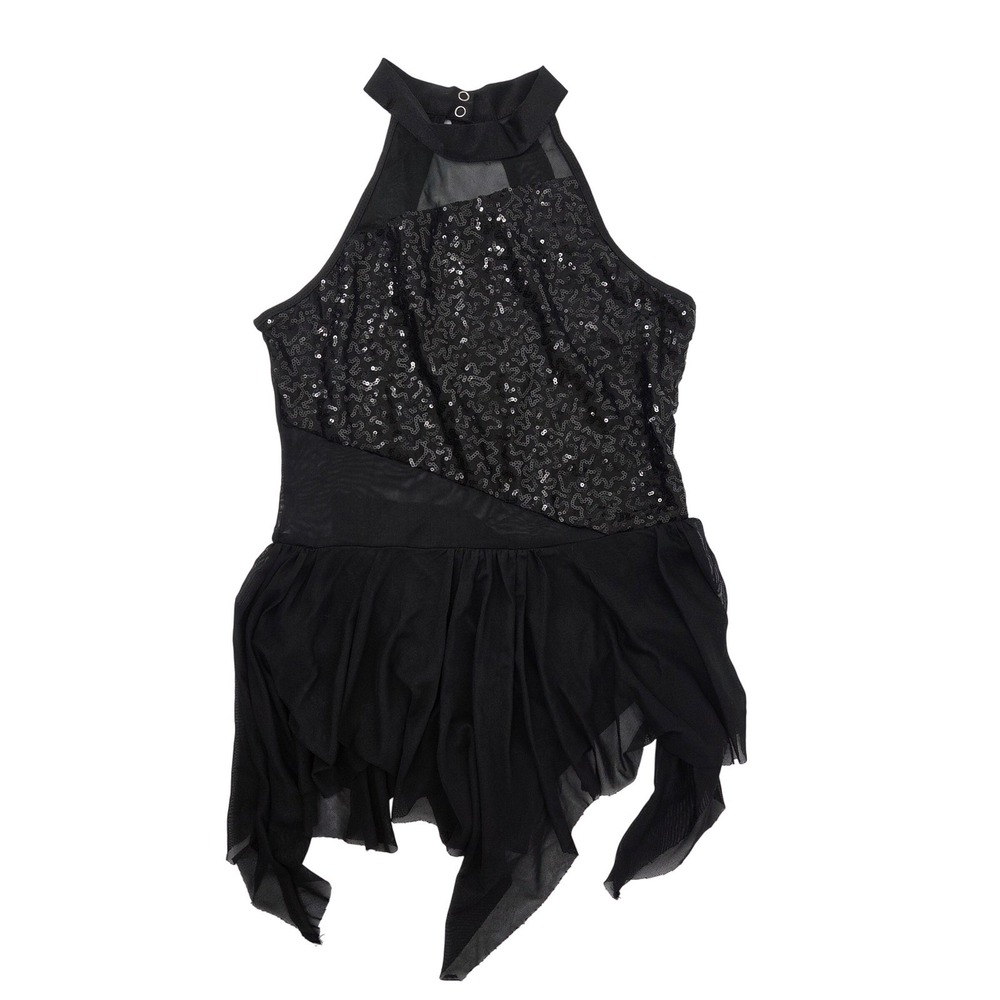 iEFIEL Girls Black Sequin Lyrical Dance Dress Leotard Size 14 Mock Neck Keyhole